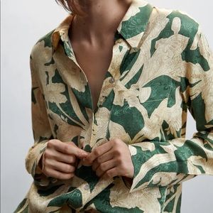 BNWT Mango Women’s Floral Print Shirt Size 8, Green & Gold